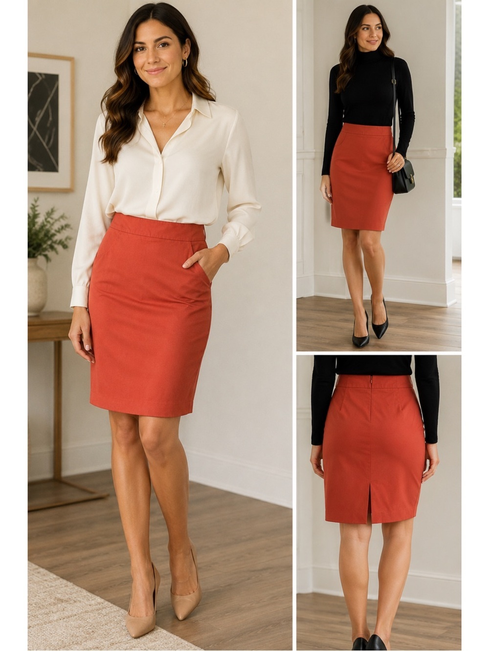 Coral Red Rust Career Straight Pencil Skirt  Limited Studio 400 0 Cotton Stretch